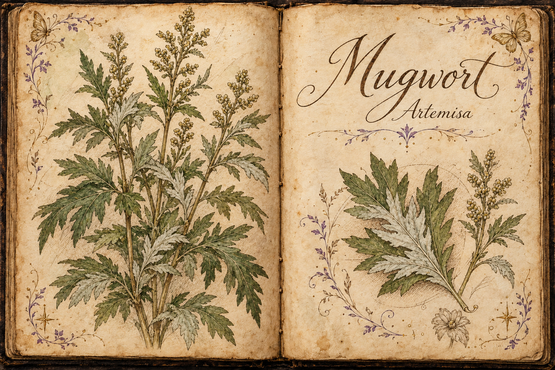 Mugwort hand-drawn botanical entry in an open Book of Shadows, with aged parchment, purple flourishes, and gold butterflies