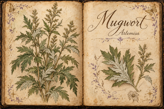 Mugwort hand-drawn botanical entry in an open Book of Shadows, with aged parchment, purple flourishes, and gold butterflies