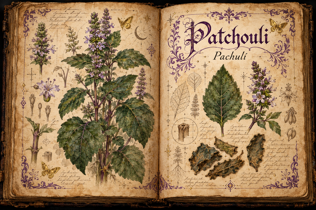 Patchouli hand-drawn botanical study in an open aged-parchment Book of Shadows, with purple flourishes and gold butterflies