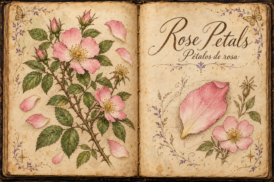 Rose Petals hand-drawn botanical entry in an open Book of Shadows, with aged parchment, purple flourishes, and gold butterflies