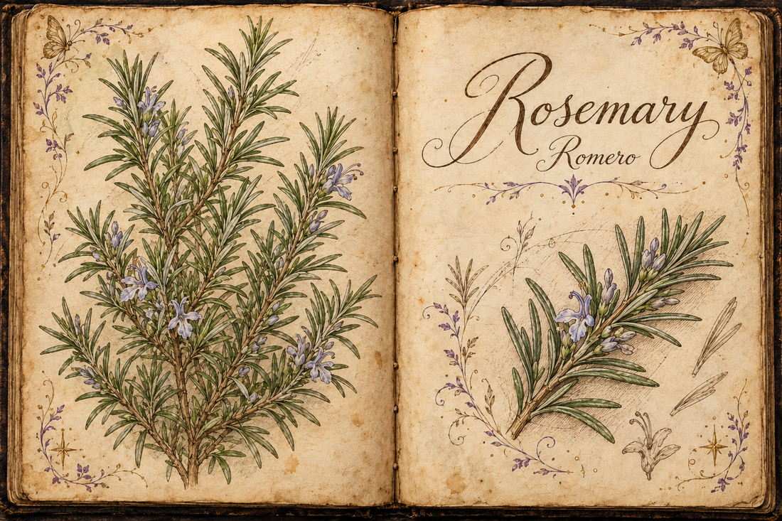 Rosemary hand-drawn botanical entry in an open Book of Shadows, with aged parchment, purple flourishes, and gold butterflies