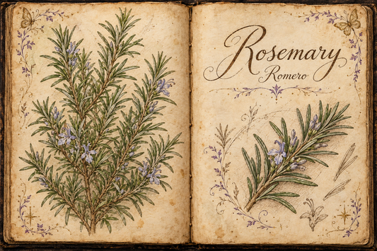 Rosemary hand-drawn botanical entry in an open Book of Shadows, with aged parchment, purple flourishes, and gold butterflies
