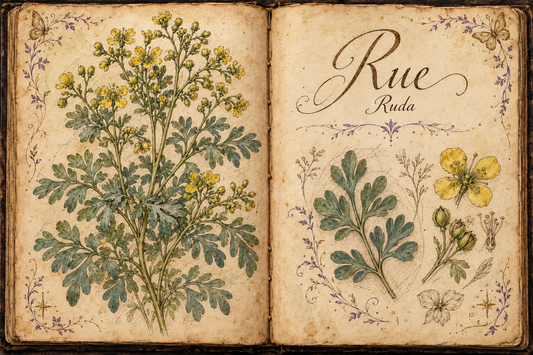 Rue hand-drawn botanical entry in an open Book of Shadows, with aged parchment, purple flourishes, and gold butterflies