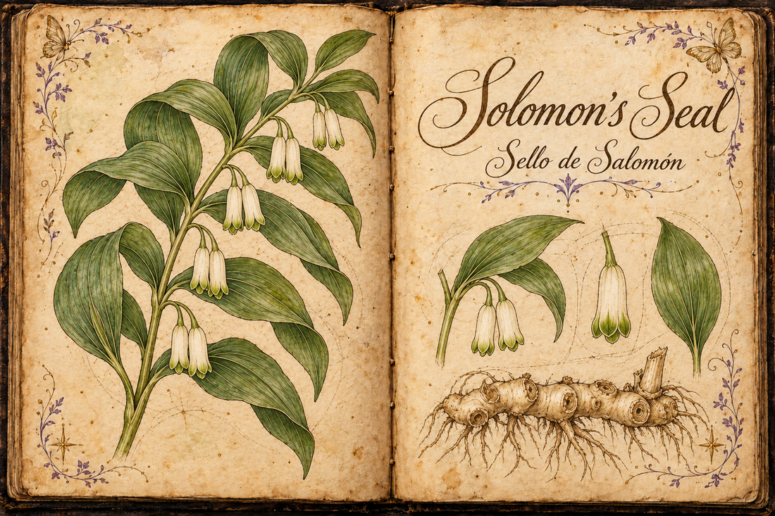 Solomon’s Seal hand-drawn botanical study in an open aged-parchment Book of Shadows, with purple flourishes and gold butterflies