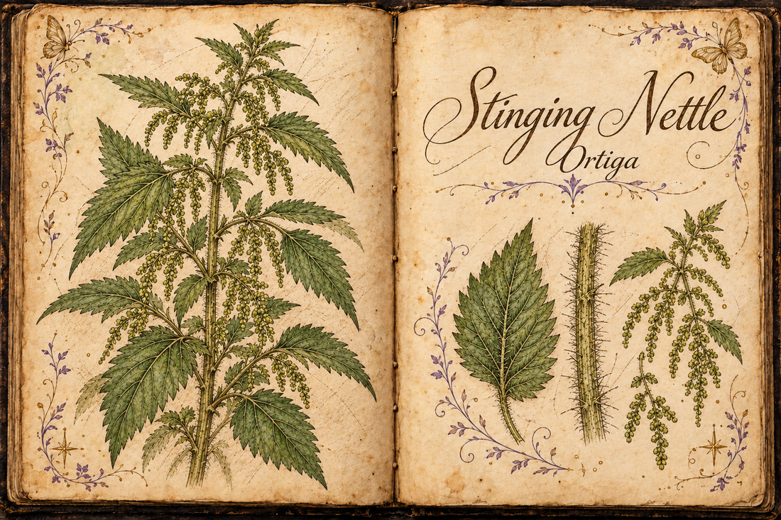 Stinging Nettle hand-drawn botanical study in an open aged-parchment Book of Shadows, with purple flourishes and gold butterflies