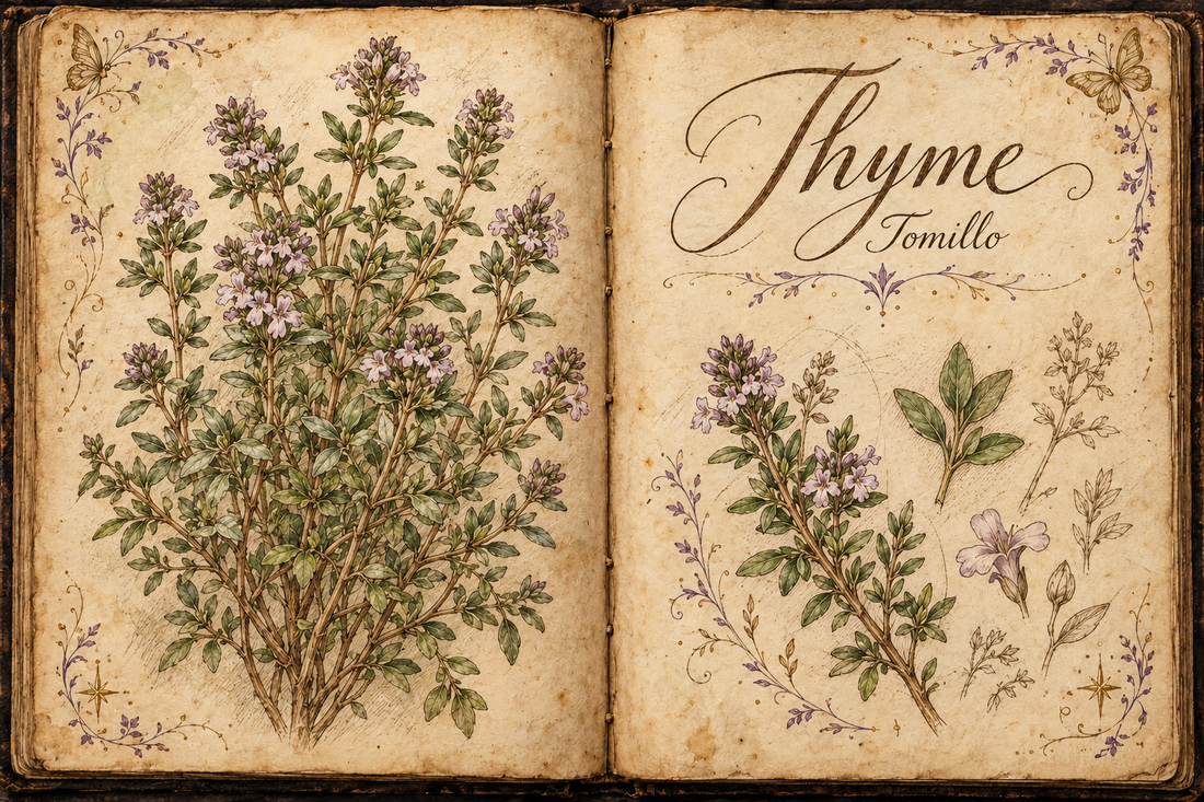 Thyme hand-drawn botanical entry in an open Book of Shadows, with aged parchment, purple flourishes, and gold butterflies