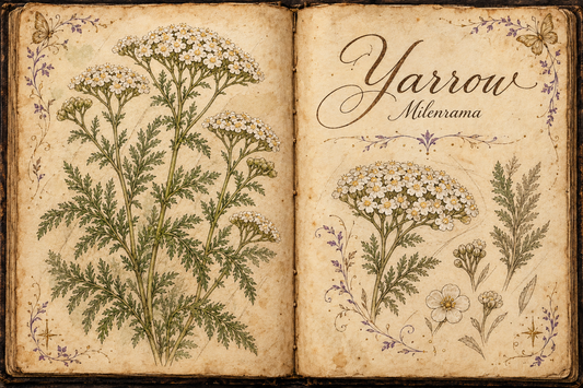 Yarrow hand-drawn botanical entry in an open Book of Shadows, with aged parchment, purple flourishes, and gold butterflies