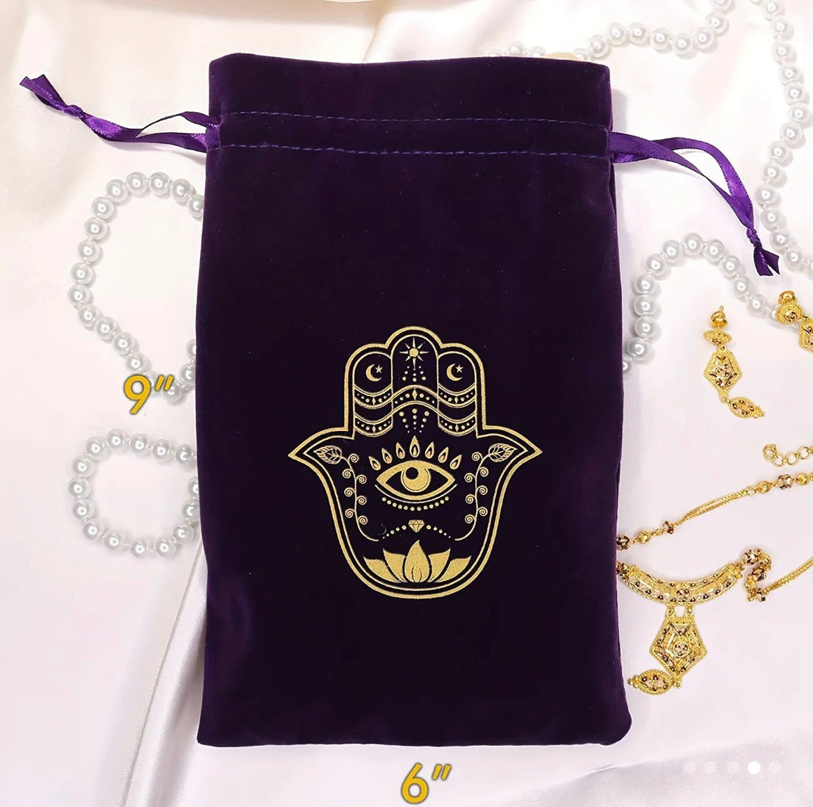 Hamsa Hand | Purple | Tarot Cards Storage Bag | Velvet | Drawstring Bag