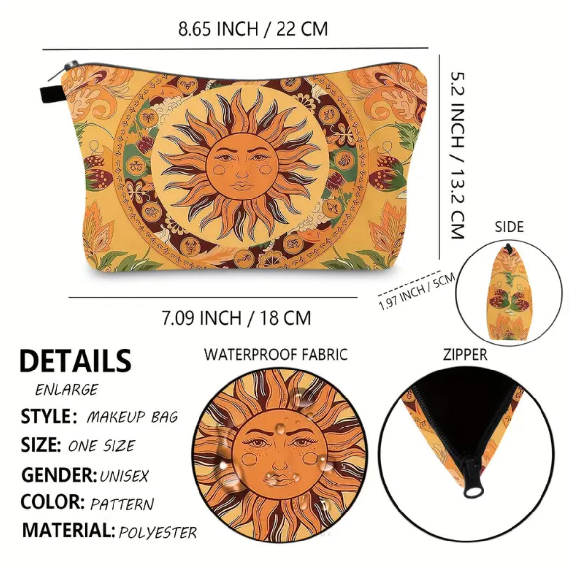 Sun Printed Pattern | Storage Bag for Spiritual Items | Crystals | Tarot | Zipper