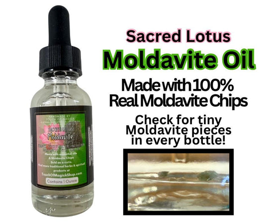 Moldavite Oil | Sacred Lotus | 1 Ounce | Essential Oils & Moldavite Chips | Spell and Ritual Supplies