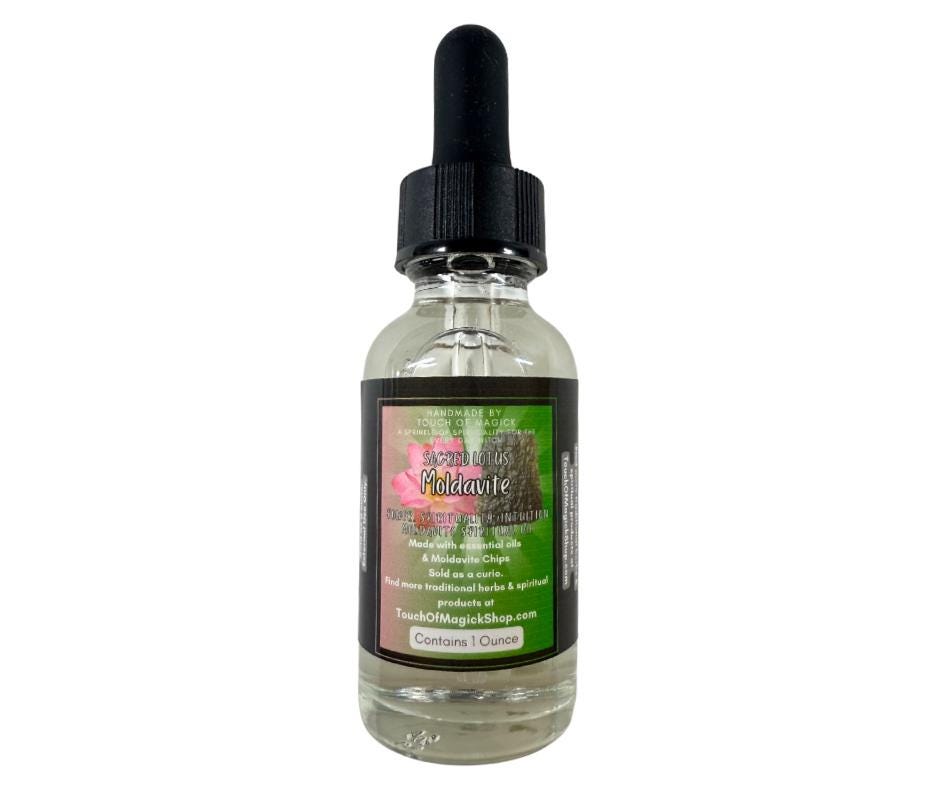 Moldavite Oil | Sacred Lotus | 1 Ounce | Essential Oils & Moldavite Chips | Spell and Ritual Supplies