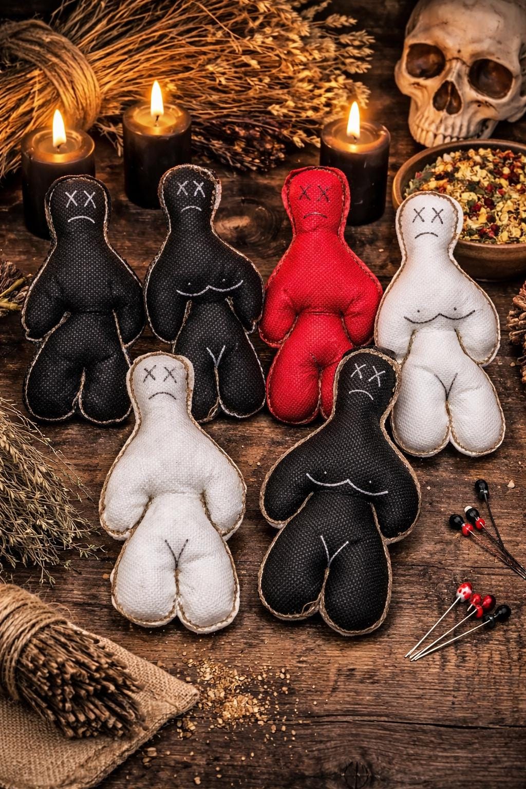 Assorted Voodoo Dolls | About 4 inches | Available in Red, White & Black | Female and Male | Spell Tools | Hoodoo | Santeria | Wicca | Pagan