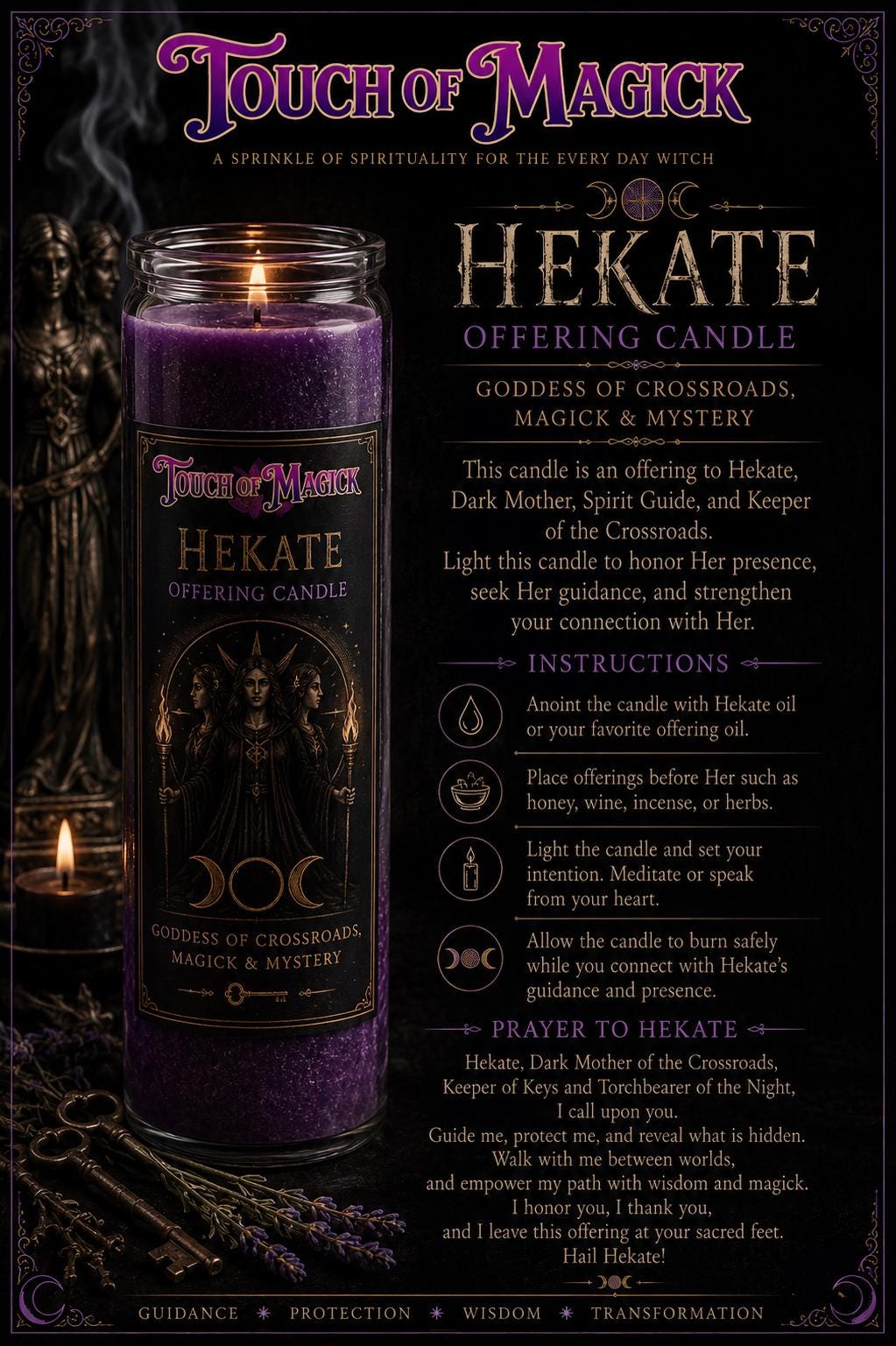Hekate Offering Candle | Hand-Poured Ritual Candle for Altars, Devotion & Spiritual Practice | Purple Goddess Candle |