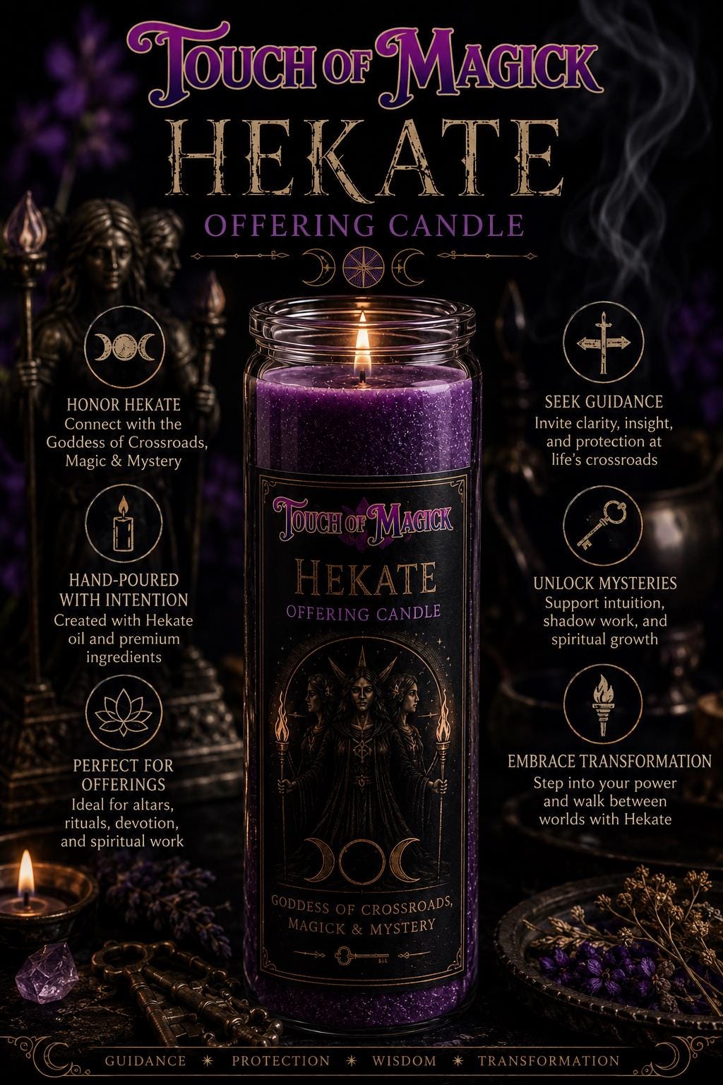 Hekate Offering Candle | Hand-Poured Ritual Candle for Altars, Devotion & Spiritual Practice | Purple Goddess Candle |