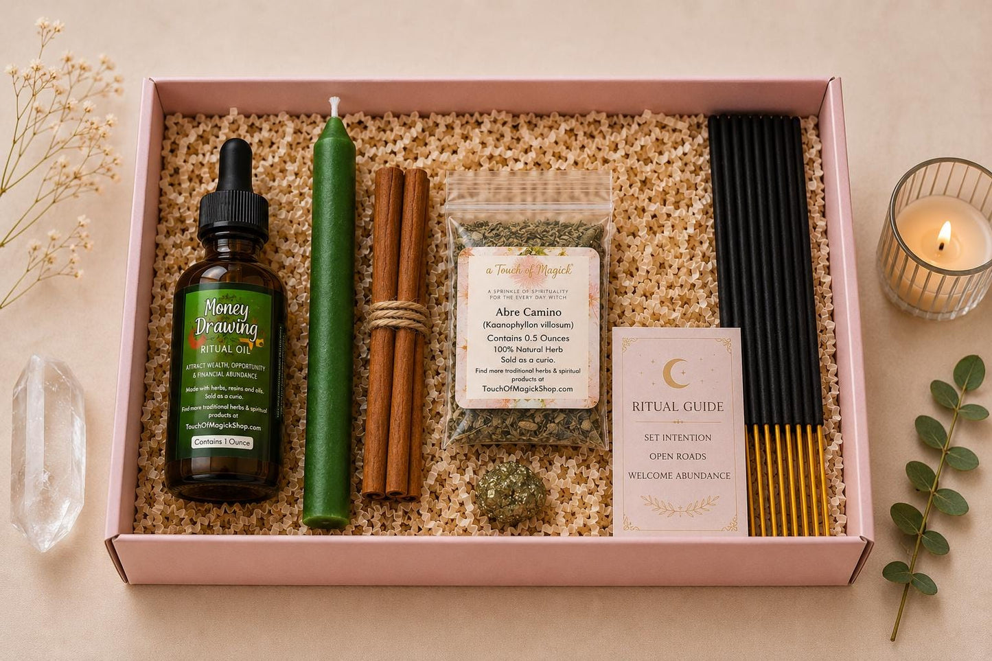Money Drawing & Road Opener Ritual Kit | Abre Camino, Cinnamon, Pyrite and Green Candle Set | Spiritual Supply Bundle