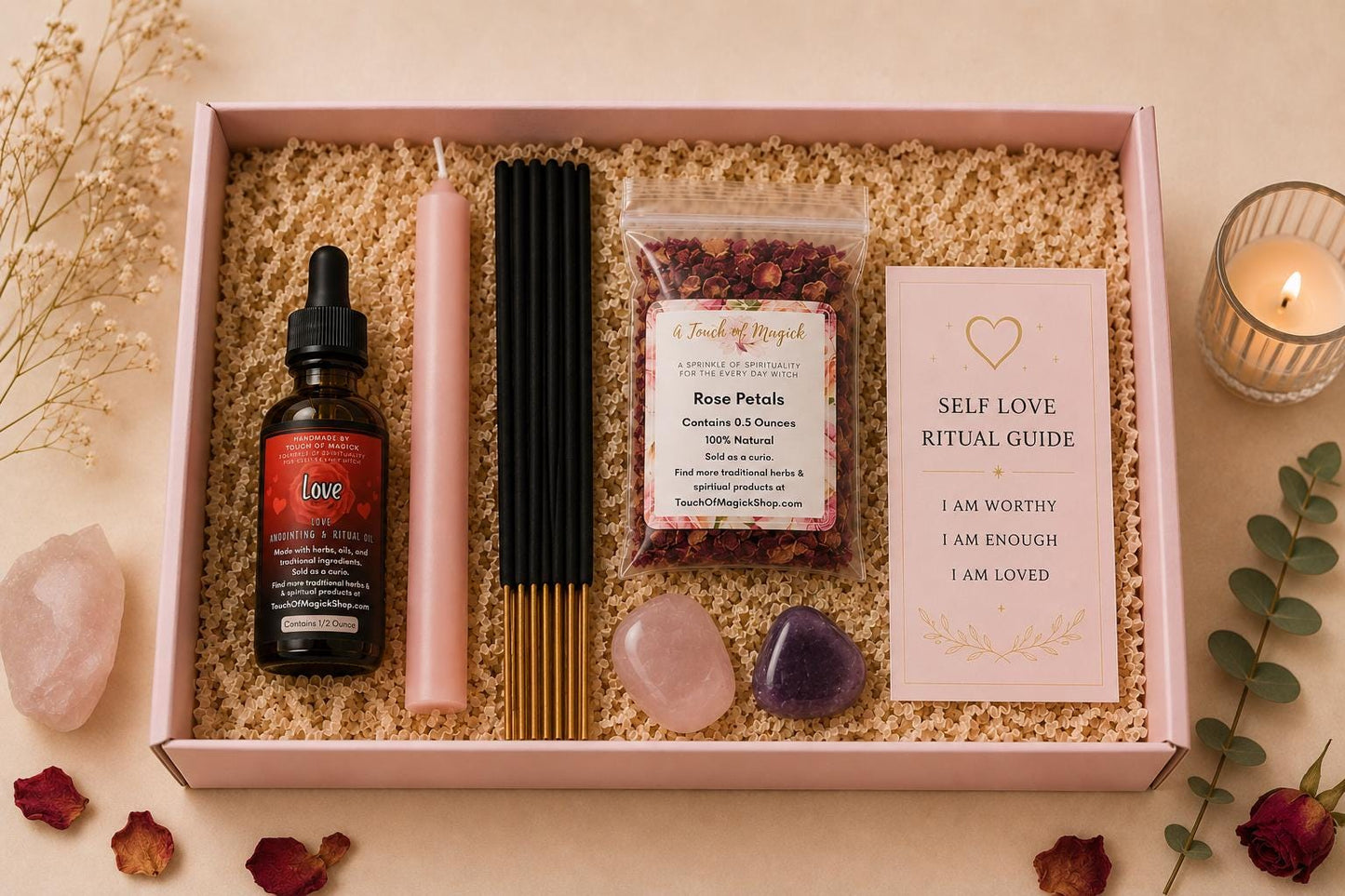 Self Love Ritual Kit | Rose Petals, Love Oil, Rose Quartz & Amethyst Set | Spiritual Self Care Gift Box
