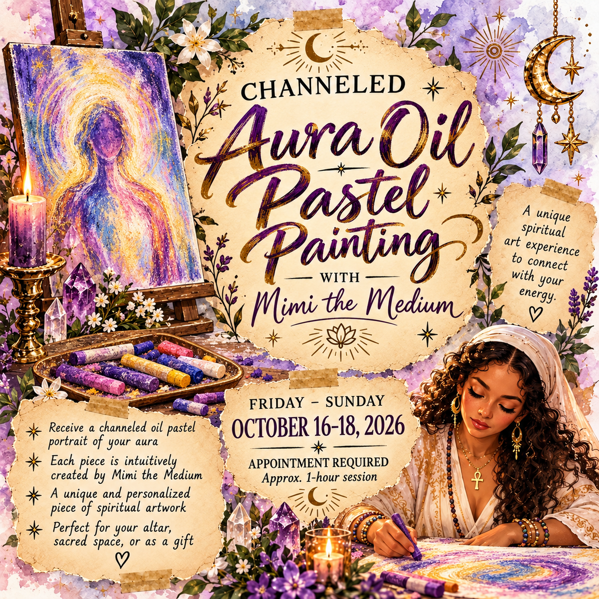 Channeled Aura Oil Pastel Painting with Mimi the Medium. October 16–18, 2026. Appointment required; approximately one-hour session.