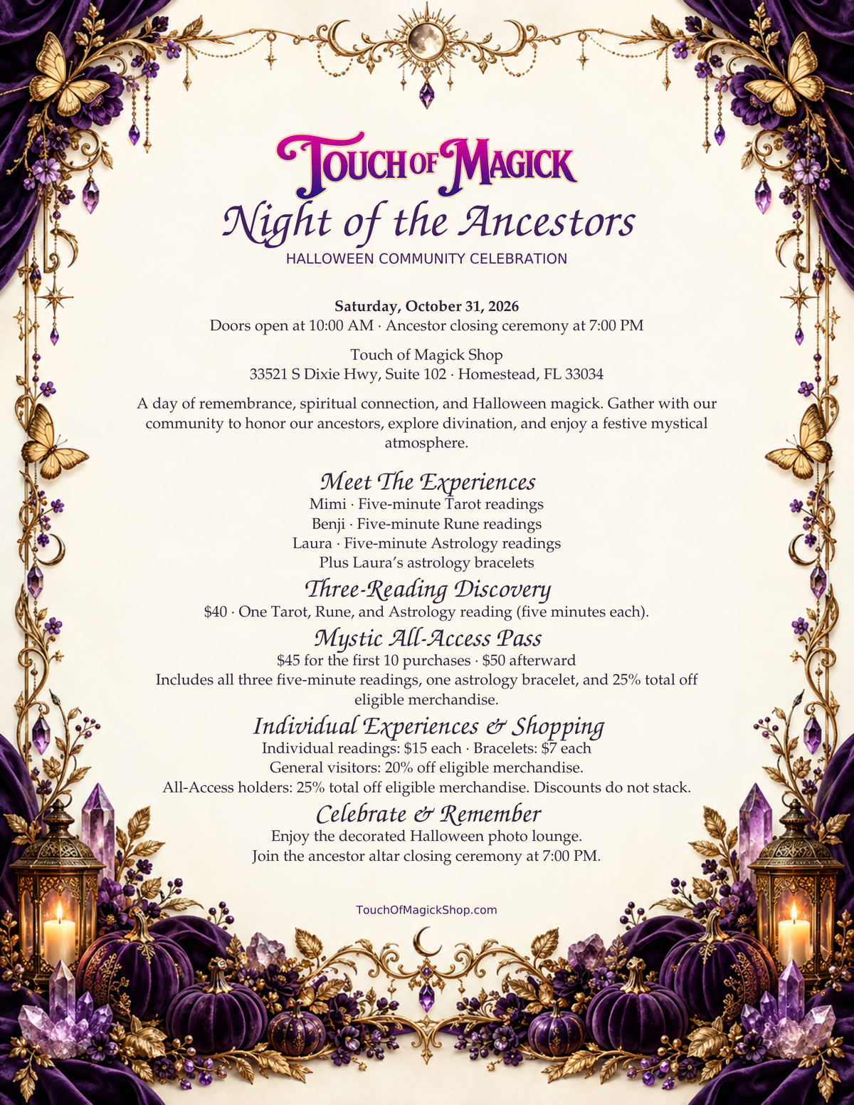 Night of the Ancestors October 31, 2026. Tarot, Runes and Astrology. Discovery $40; All-Access first 10 $45, regular $50.