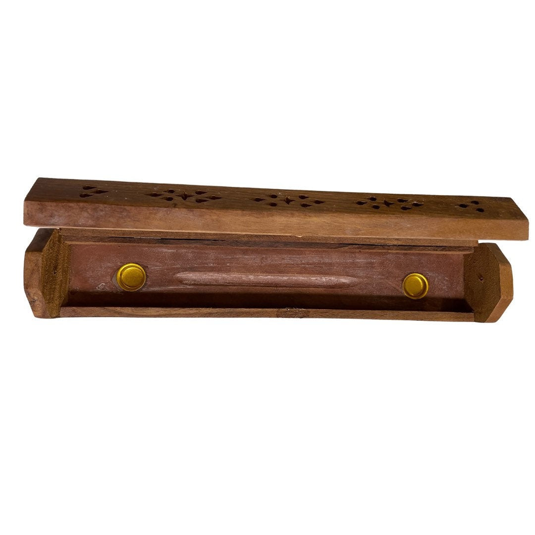 Wooden Incense Burner Coffin - Measures Approx 12 Inches - Bottom Opens To Store Sticks - Top Lid Opens to Light Sticks or Cones