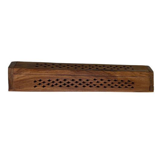 Wooden Incense Burner Coffin - Measures Approx 12 Inches - Bottom Opens To Store Sticks - Top Lid Opens to Light Sticks or Cones