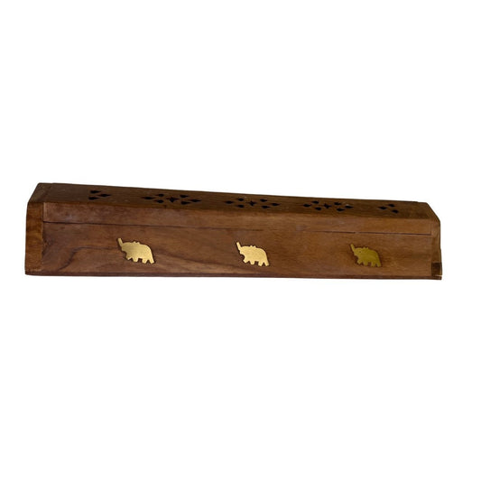 Elephant Wooden Incense Burner Coffin - Measures Approx 12 Inches - Bottom Opens To Store Sticks - Top Lid Opens to Light Sticks or Cones