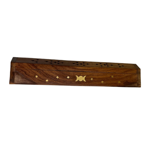 Triple Moon Wooden Incense Burner Coffin - Measures Approx 12 Inches - Bottom Opens To Store Sticks - Top Lid Opens to Light Sticks or Cones