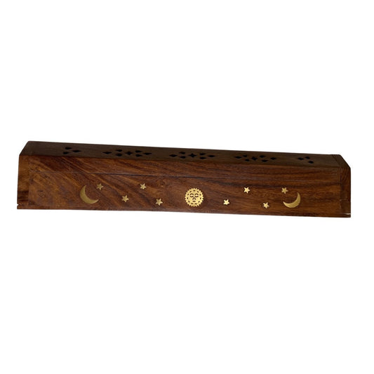 Sun & Moon Wooden Incense Burner Coffin - Measures Approx 12 Inches - Bottom Opens To Store Sticks - Top Lid Opens to Light Sticks or Cones